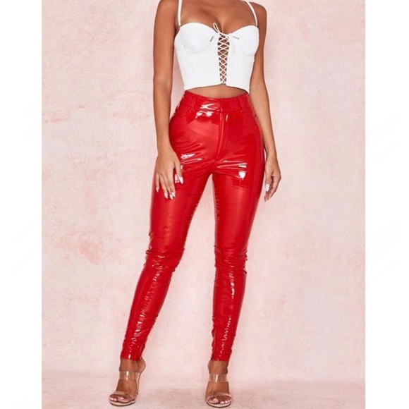 HOUSE OF CB 'Haridan' Red Patent Stretch Vinyl Trousers Pants - Picture 1 of 12